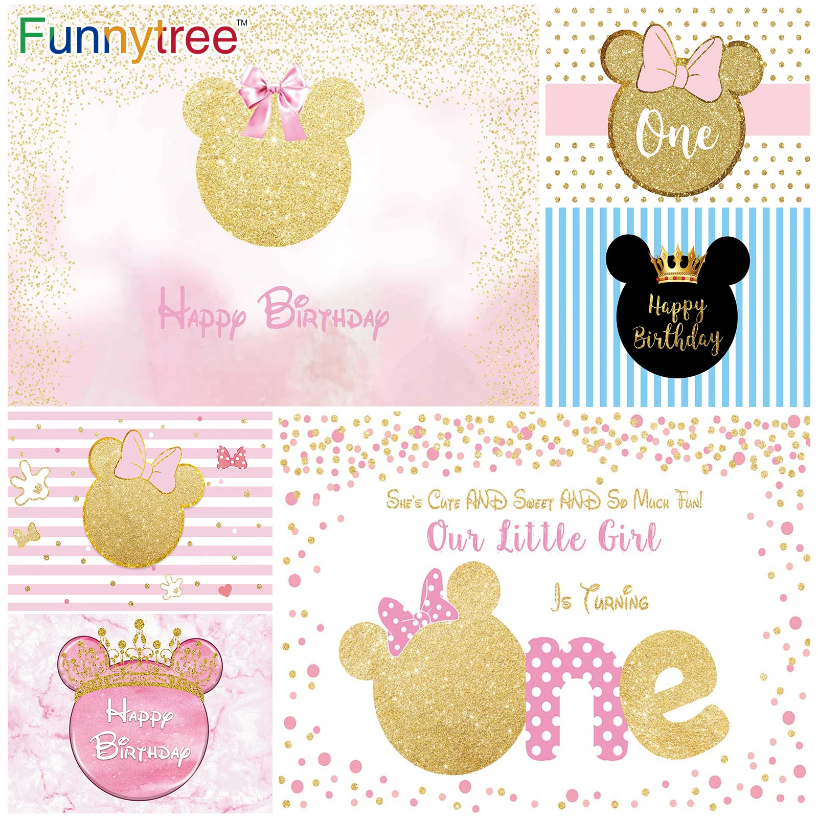 

Funnytree Cartoon Mouse Happy Birthday Backdrop Girls Princess Boys Prince Party Supplies Props Custom Decor Poster Banner Gift