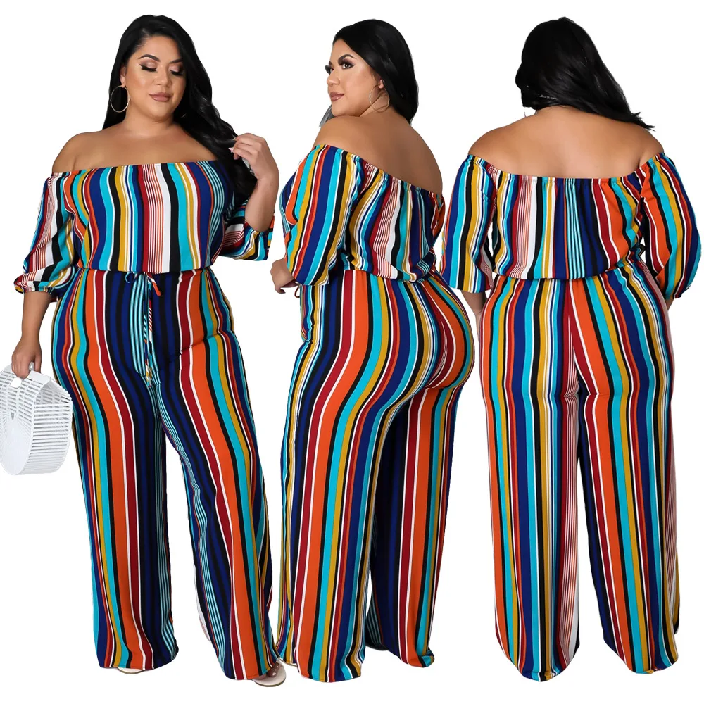 

Loose Off Shoulder Striped Print Jumpsuit One Piece Stripe Elegant Women Set Wholesale Drop Shipping