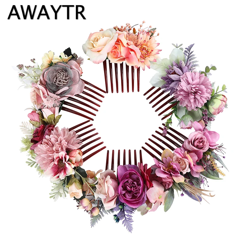 

AWAYTR New Flower Headwear Women Headband Bride Wedding Hair Accessories Seven-teeth Plastic Comb Floral Crown Bridal Headpiece