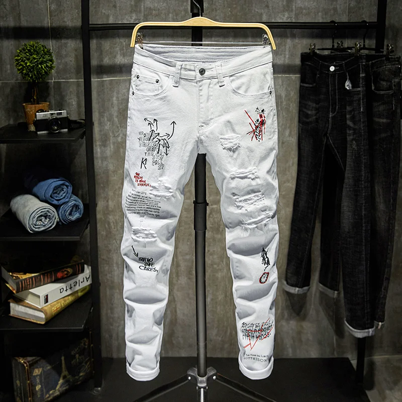 

SHZQ Fashion Trendy Embroidery Letters Men College Boys Skinny Runway Zipper Denim Pants Destroyed Ripped Jeans Black White Jean
