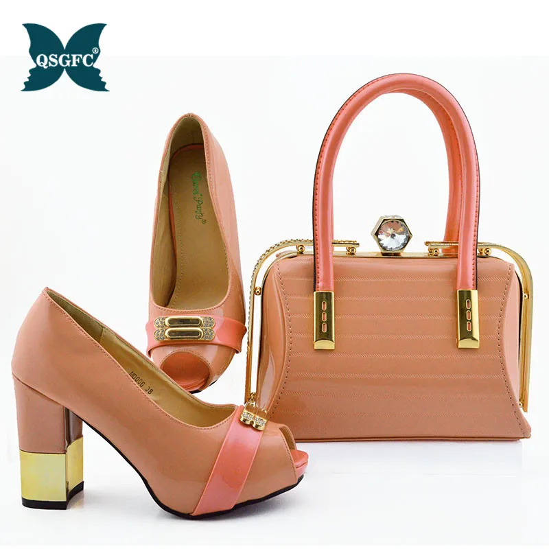 Итальянский дизайн обувь и сумка в комплекте персиковый цвет вечерние туфли