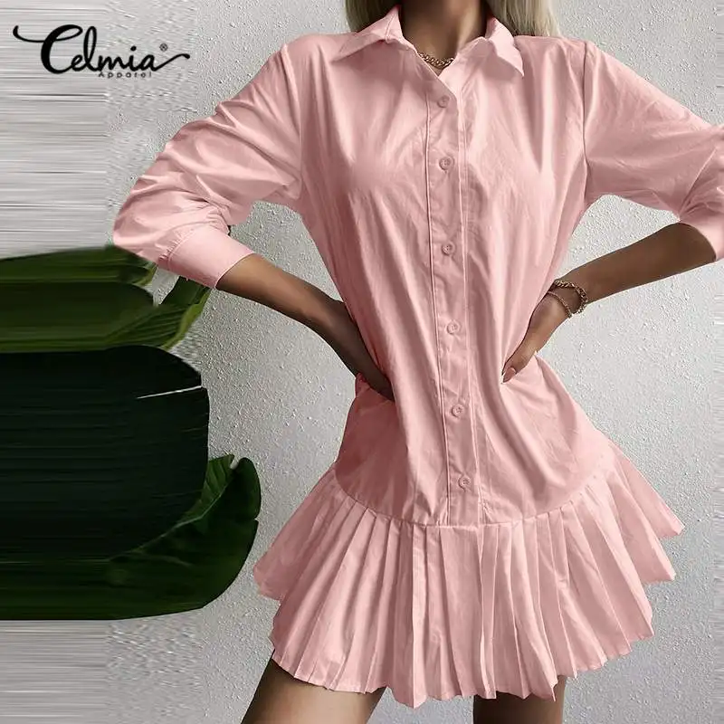

Fashion Shirt Dress Women Ruffled Mini Dress Celmia 2021 Fashion Autumn Lapel Long Sleeve Pleated Button Party Dresses Oversized
