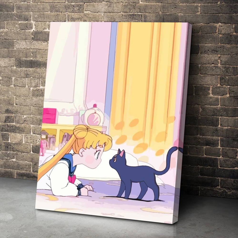 

Canvas Painting Poster Living Room HD Printed Sailor Moon Anime Lovely Girl And Cat Pictures Modular Home Decor Wall Art Framed
