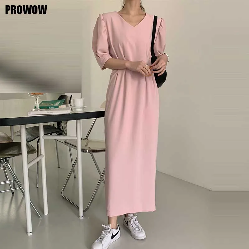 

2021 Korean Women Summer Dress Vintage French Slim V-Neck Short Sleeve Fashion Dress One-Piece Elegant Ladies Dress Long Dresses