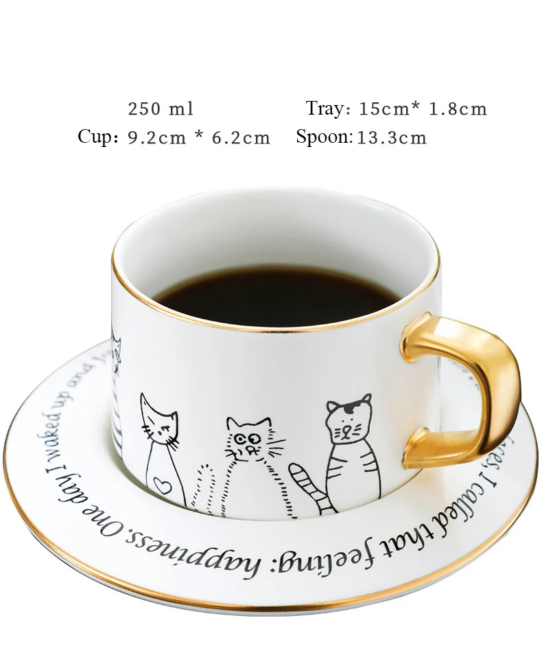 Керамические кофейные чашки с милым котом Мультяшные кружки подносом и ложкой