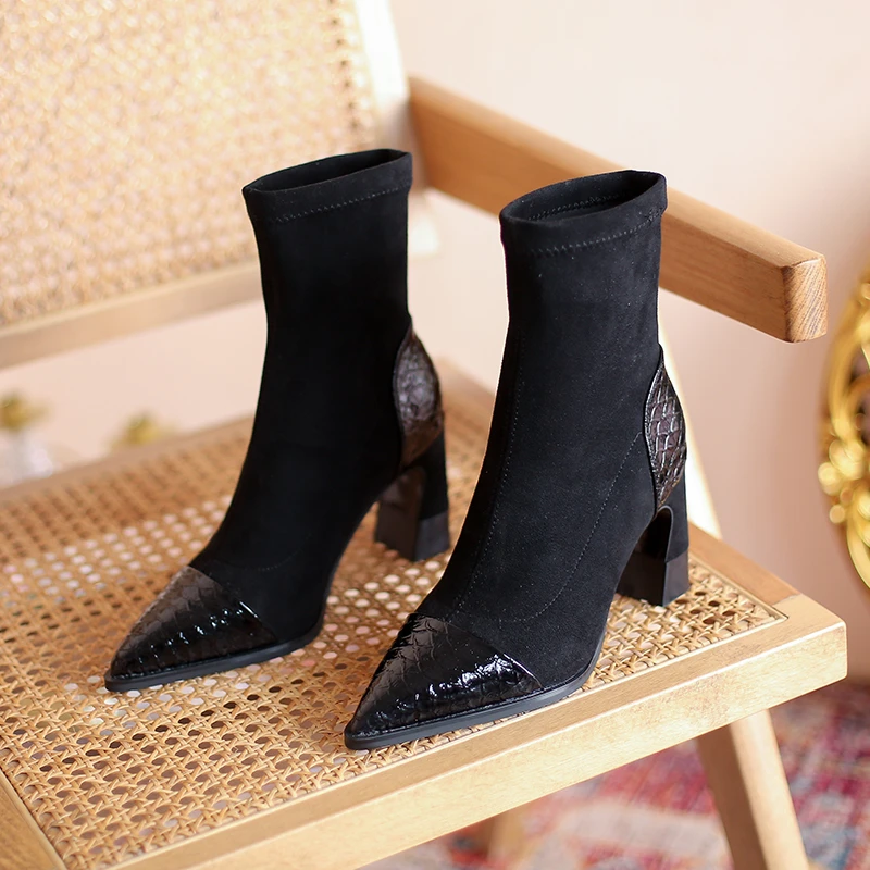 

2021 Winter Shoes Women High Heels Boots Genuine Leather Shoes Warm Plush Women Ankle Boots Party Footwear Square Heel