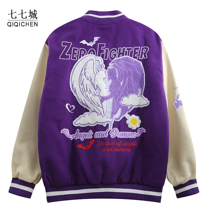 Streetwear Baseball Jacket Men Embroidery Heart Angel Devil Bomber Coats Hip Hop Fashion Casual Loose Varsity Jackets Unisex
