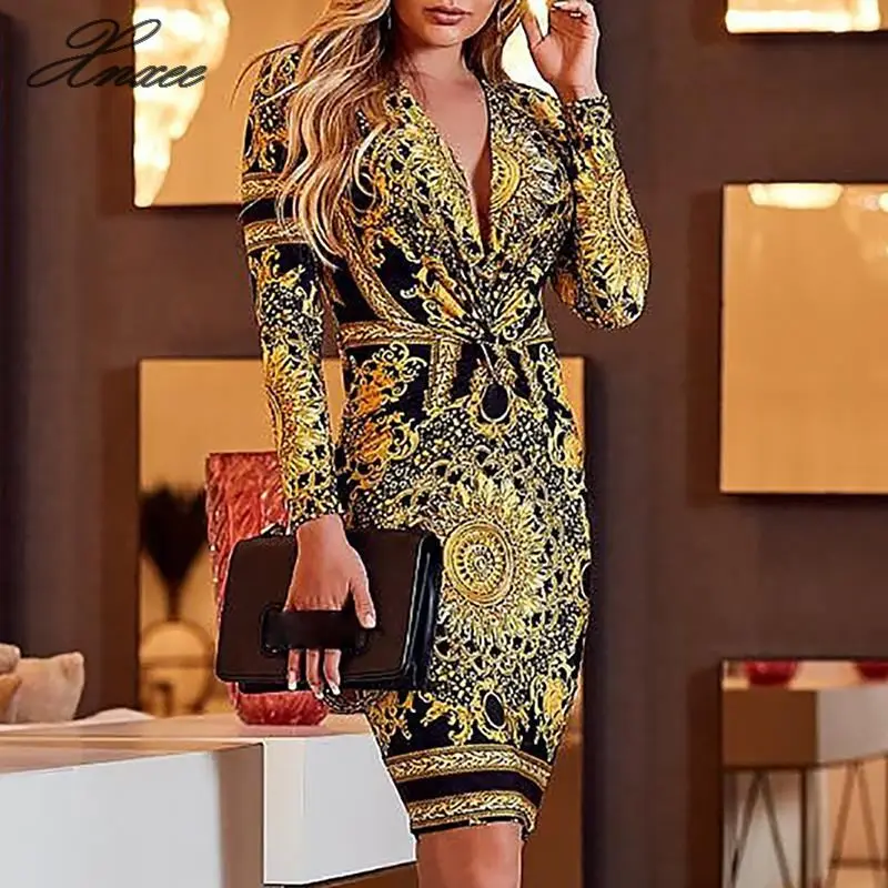 

Xnxee 2020 Ethnic Print Spin Front Women Long Sleeve Dress Sexy V Neck Party Club Autumn Fashion Dress Bodycon Vestidos Mujer