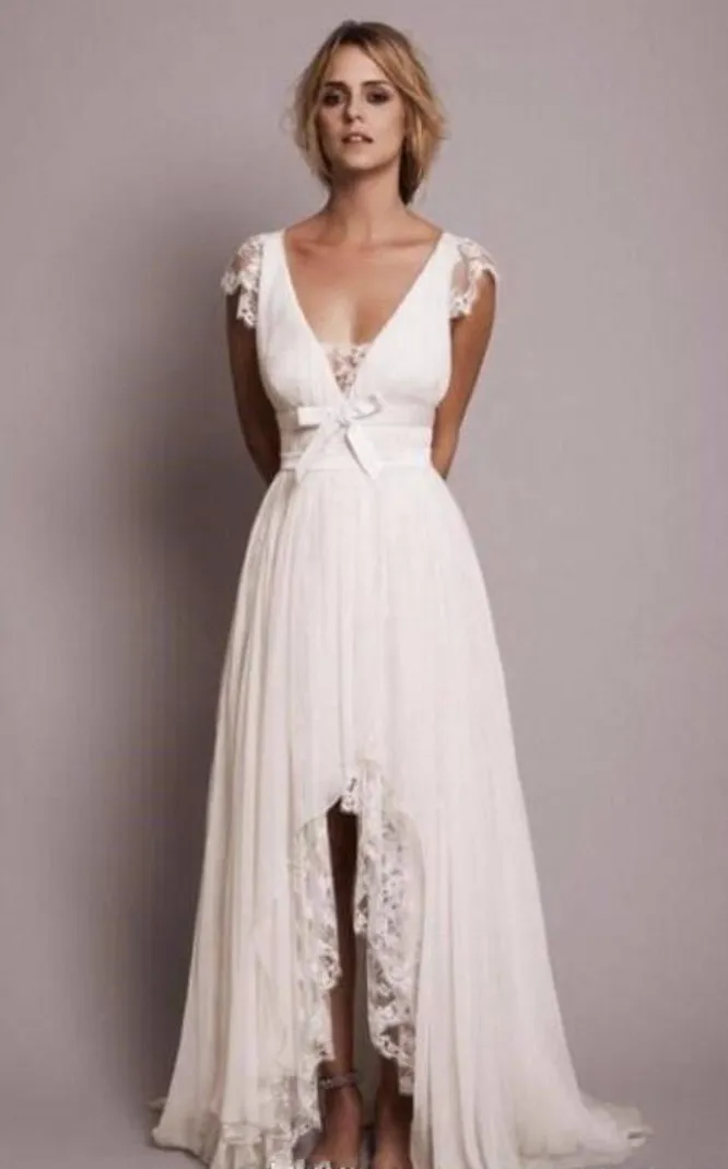 

Modest Beach Wedding Dresses with Lace High Low Country Wedding Dress New Fashion Bridal Gown Robe Mariage Vestido de Novia