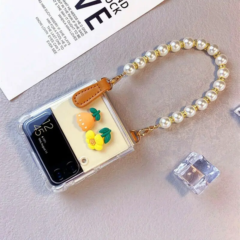 

DIY 3D Flower Leather Pearl Bracelet Chain Case For Samsung Galaxy Z Flip/ Flip 3 Shockproof Clear CASE COVER Fundas