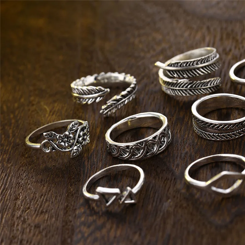 9 шт./компл. винтажные резные геометрические кольца в виде стрел Листьев цветов