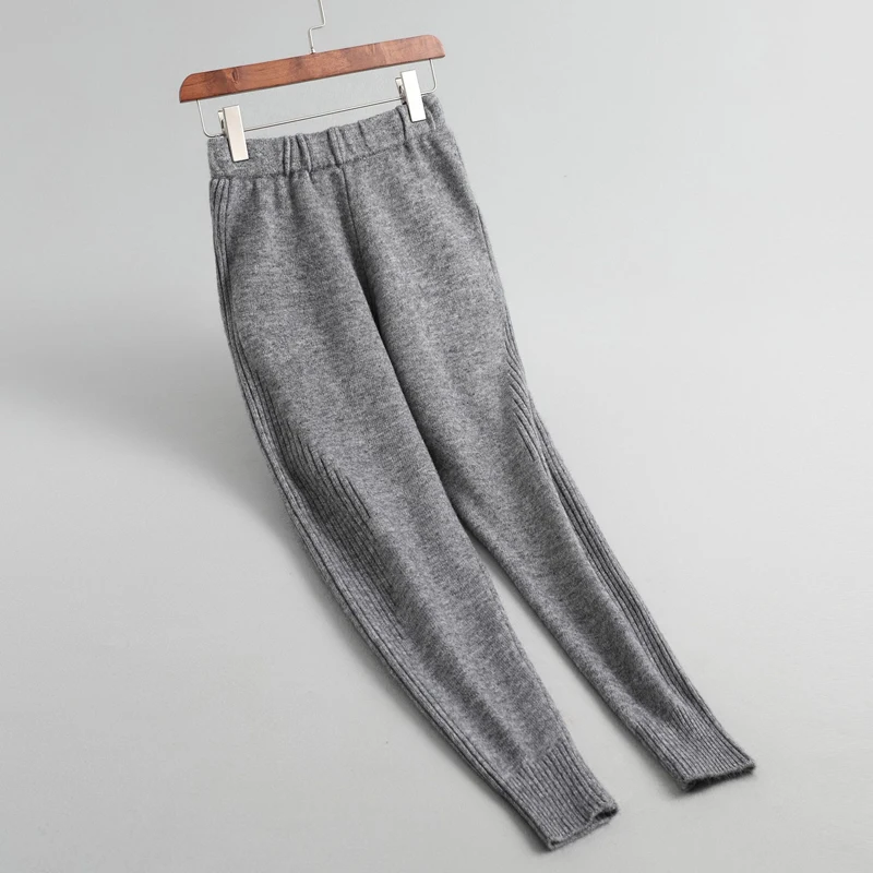 gray Женские шерстяные брюки, короткие однотонные двойные карманы, высокая талия, свитер, узкие брюки, элегантные осенне-зимние теплые трикотажные брюки - Цвет: gray