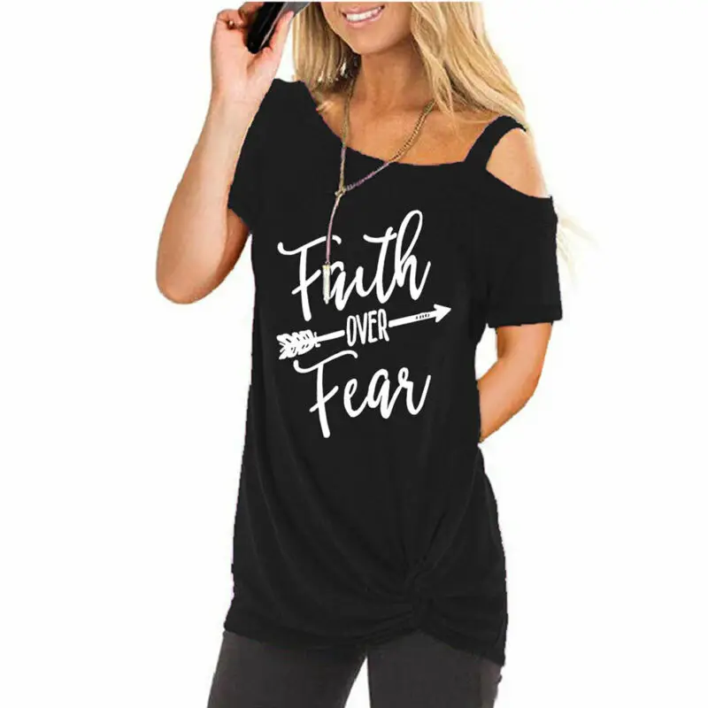 

Lady T-Shirt Knotted Short Sleeve Off Shoulder Summer Print Blouse Casual Tops