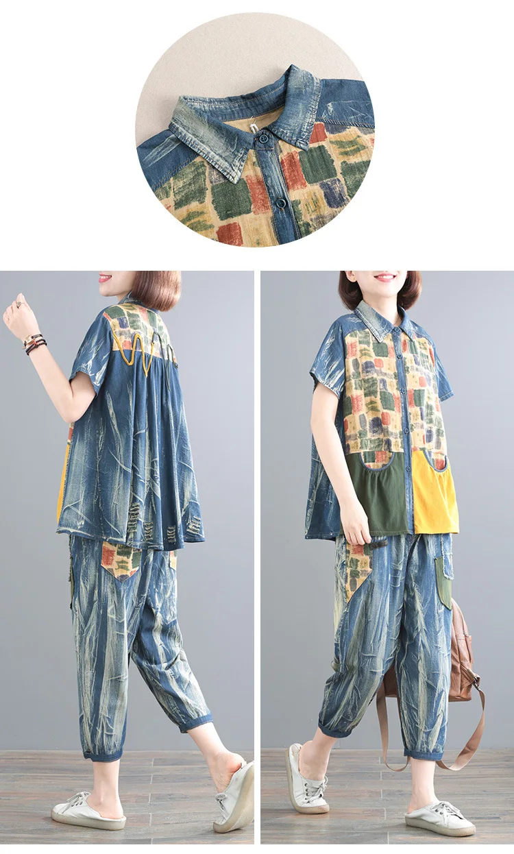 

Denim Women Two Piece Set 2020 Summer Shirt+ Pants Tracksuits Big Size Top And Pants Set Suits Casual 2 Piece Set LT244S50