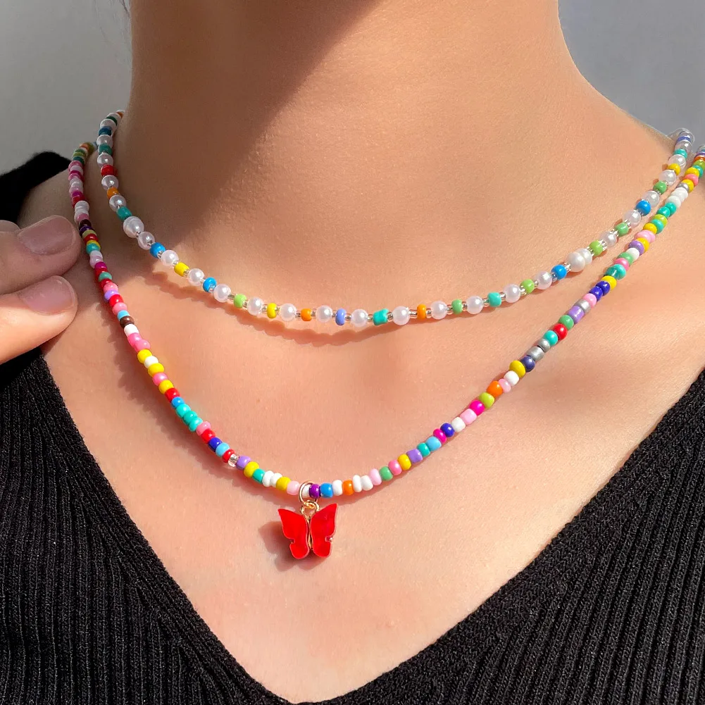 

Andy Color Beaded Necklace Colorful Butterfly Pendant Necklaces Handmade Acrylic Glass Bead Strand Women Vacation Party Jewelry