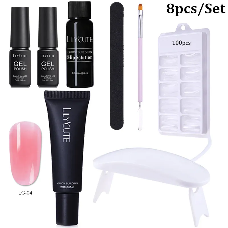 8pcs LC-04 LILYCUTE 20 мл Быстрый гель продлевающий половой акт поли гель для ногтей розовый белый металл с прозрачными кристаллами светодиодный акриловый строительный УФ-гель набор ногтей лампа набор - Цвет: 8pcs LC-04