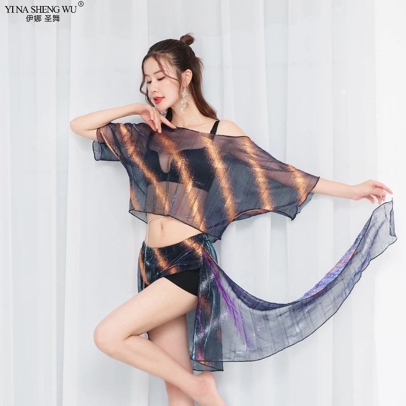 

Рубашка с рукавами «летучая мышь» для танца живота, серебристая шелковая юбка с разрезом, женский тренировочный костюм для танца живота, но...