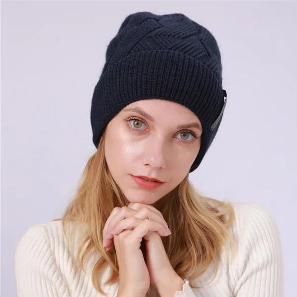 Navy NUZADA брендовые зимние вязанные шапочки Skullies шапочки шапки s мужские женские шерстяные плюс бархатные со стразами шапка с наушниками уличные лыжные теплые шапки - Цвет: Navy