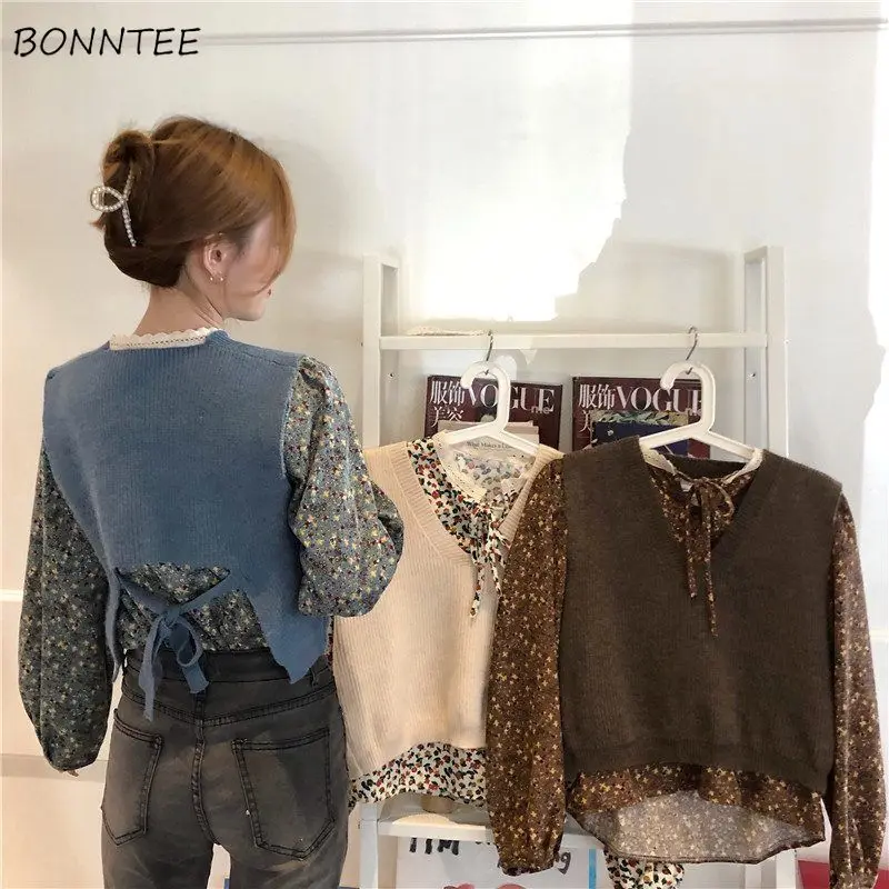 

Women Sets Casual V-neck Elegant Floral Ladies Korean Style Fashion Basic All Match Loose Stylish Spring Lace College 2021 Chic