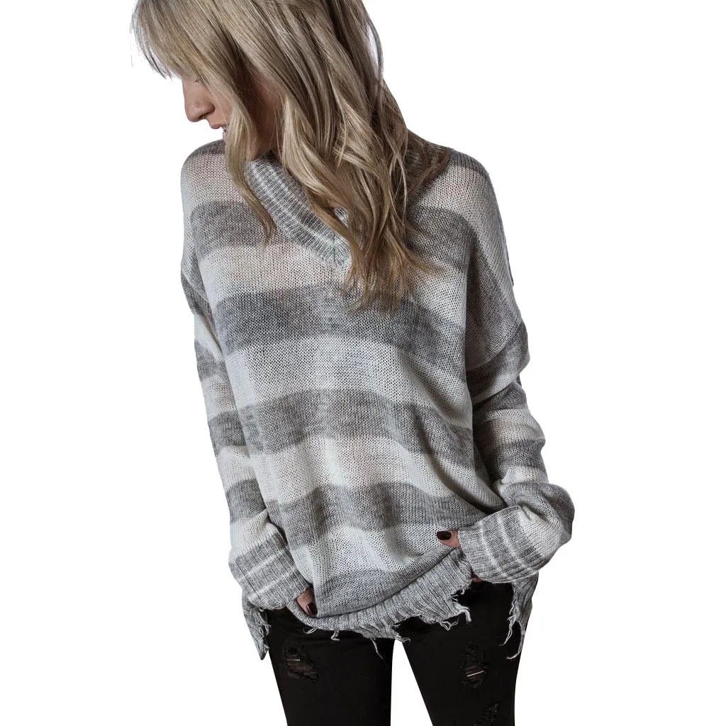 Autumn winter knit sweater women Striped V Neck Pullover Long Sleeve Tassel Hollow Knit Sweaters Jumper Tops jersey mujer#guahao | Женская