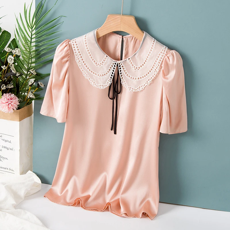 

100% Silk Women's Shirt Hollow Out Embroidery Peter Pan Collar Short Sleeves Elegant Pullover Blouse Tops
