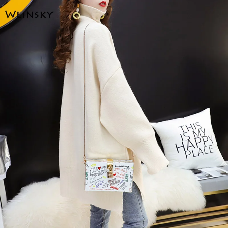 Женская водолазка оверсайз вязаный свитер пуловеры в Корейском стиле Осень-зима