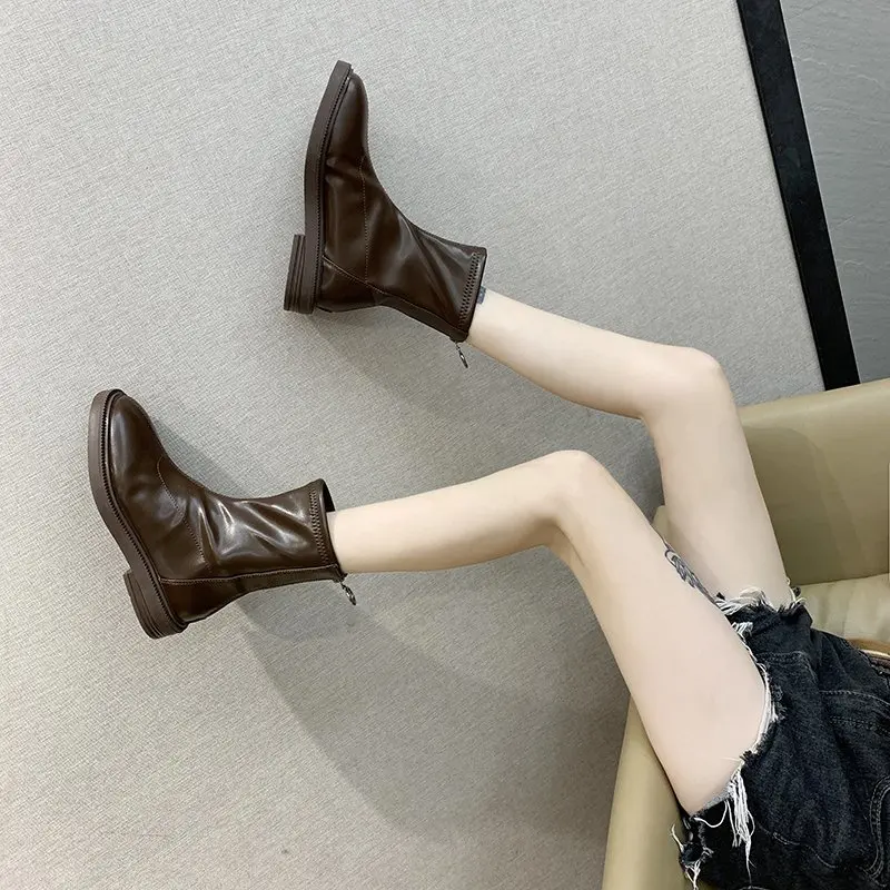 

Zipper Brand Women's Shoes Boots-Women Winter Footwear Round Toe Fashion 2021 Black Low Autumn Ladies Rock Ankle Rubber PU Fabri