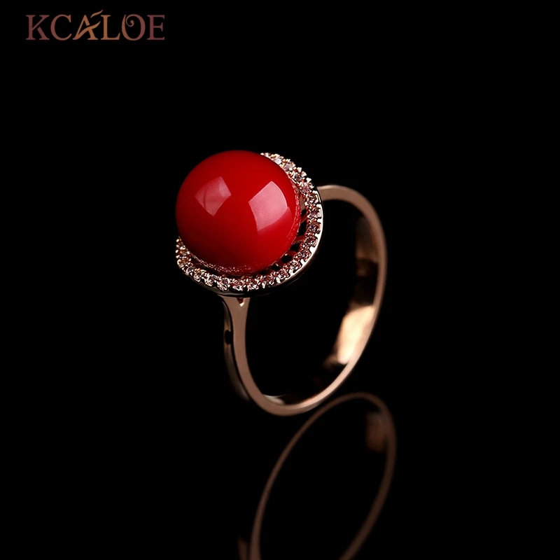 KCALOE большой круглый красный Искусственный коралловый камень розовое золото цвет кубического циркония Обручальные кольца для женщин Anillos Rubi Mujer