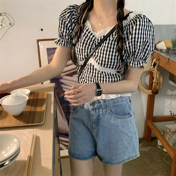 

COIGARSAM Short Sleeve blouse women Plaid Patchwork blusas womens tops and blouses Grid 93440