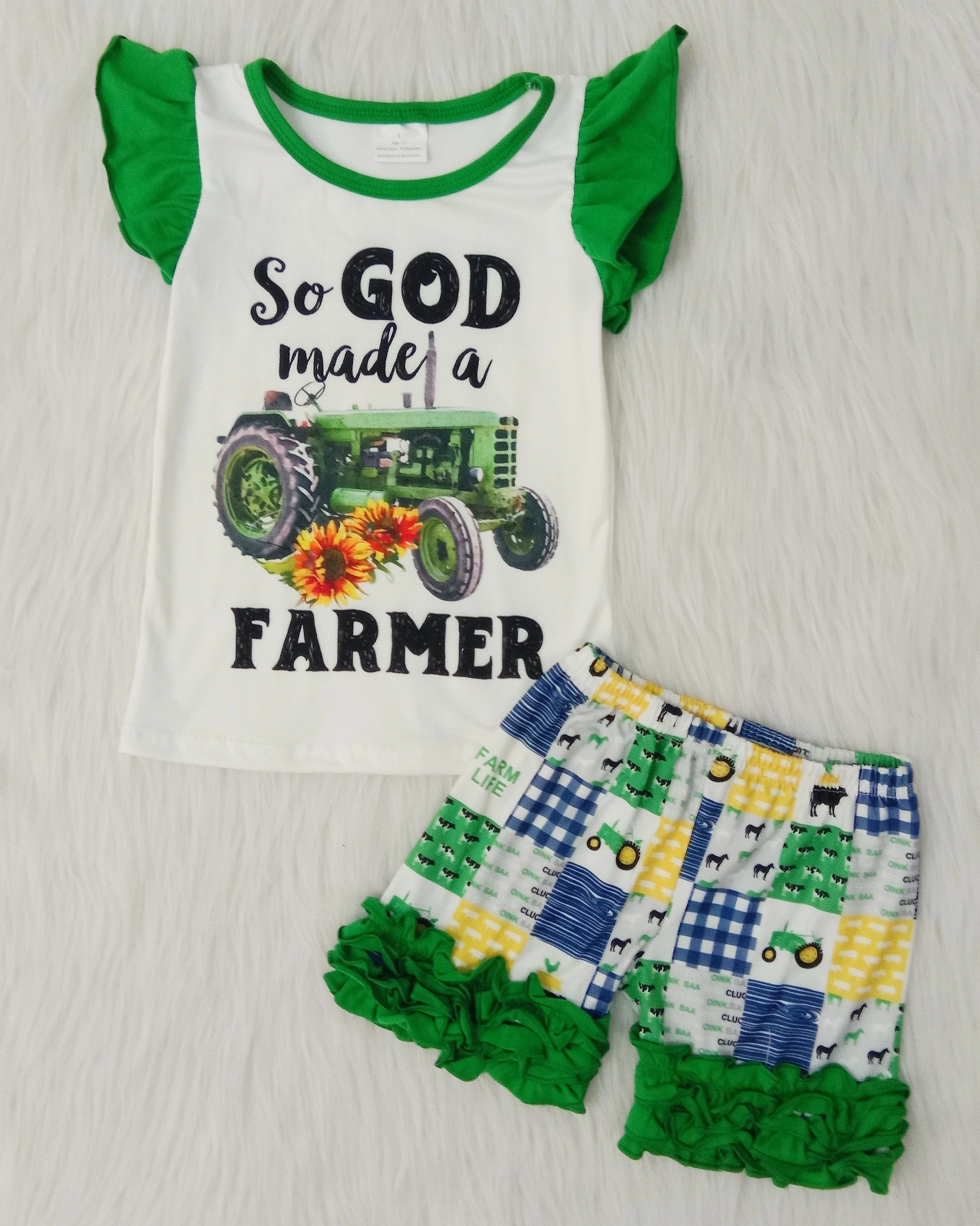 

2020 hot sale children girl new summer suit green small flying sleeve tractor printed green ruffle shorts