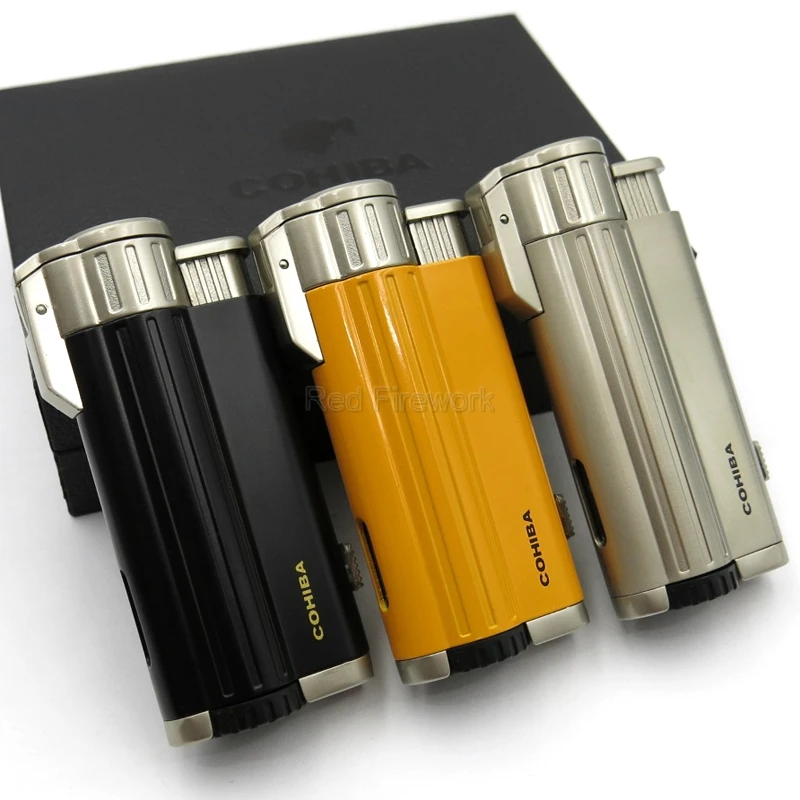 

COHIBA Smoking Accessories Metal Windproof Refillable Cigarette Jet Lighter 3 Torch Flame Cigar Lighters With Gift Box