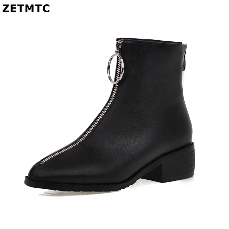 Женские ботинки на молнии спереди однотонные из искусственной кожи с квадратным