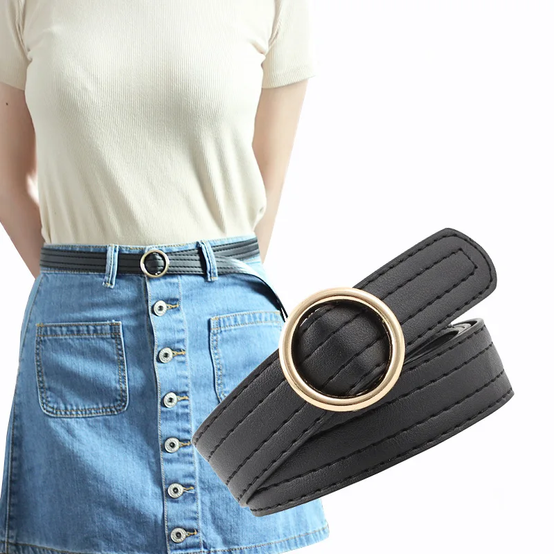 

Women Pu No Hole Belt New Round Gold Buckle Belts for Women Round Metal Buckle Waistband Female Fashion Jeans Dress 2021