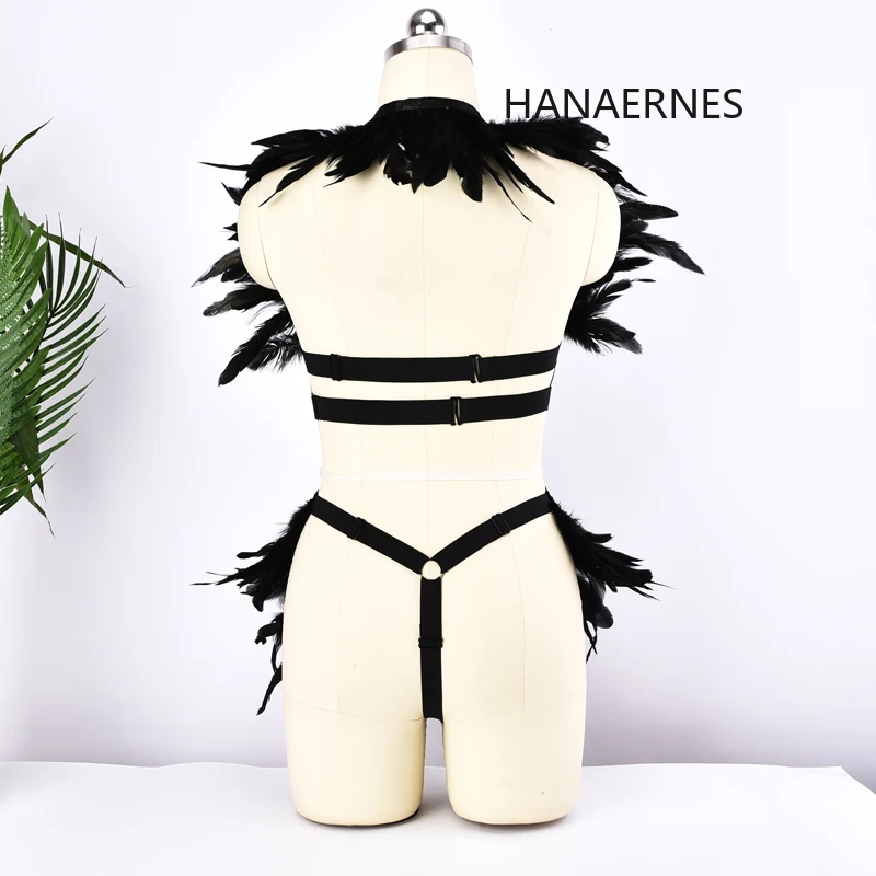 

Black feathers Rave Wear Epaulette Cage Bra Cross grid Womens Feathers Gothic Body Harness Belt Sexy Fetish