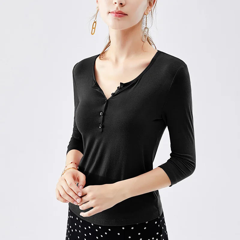 

Middle sleeve top women's new V-neck base shirt with buttons and Western style mini shirt