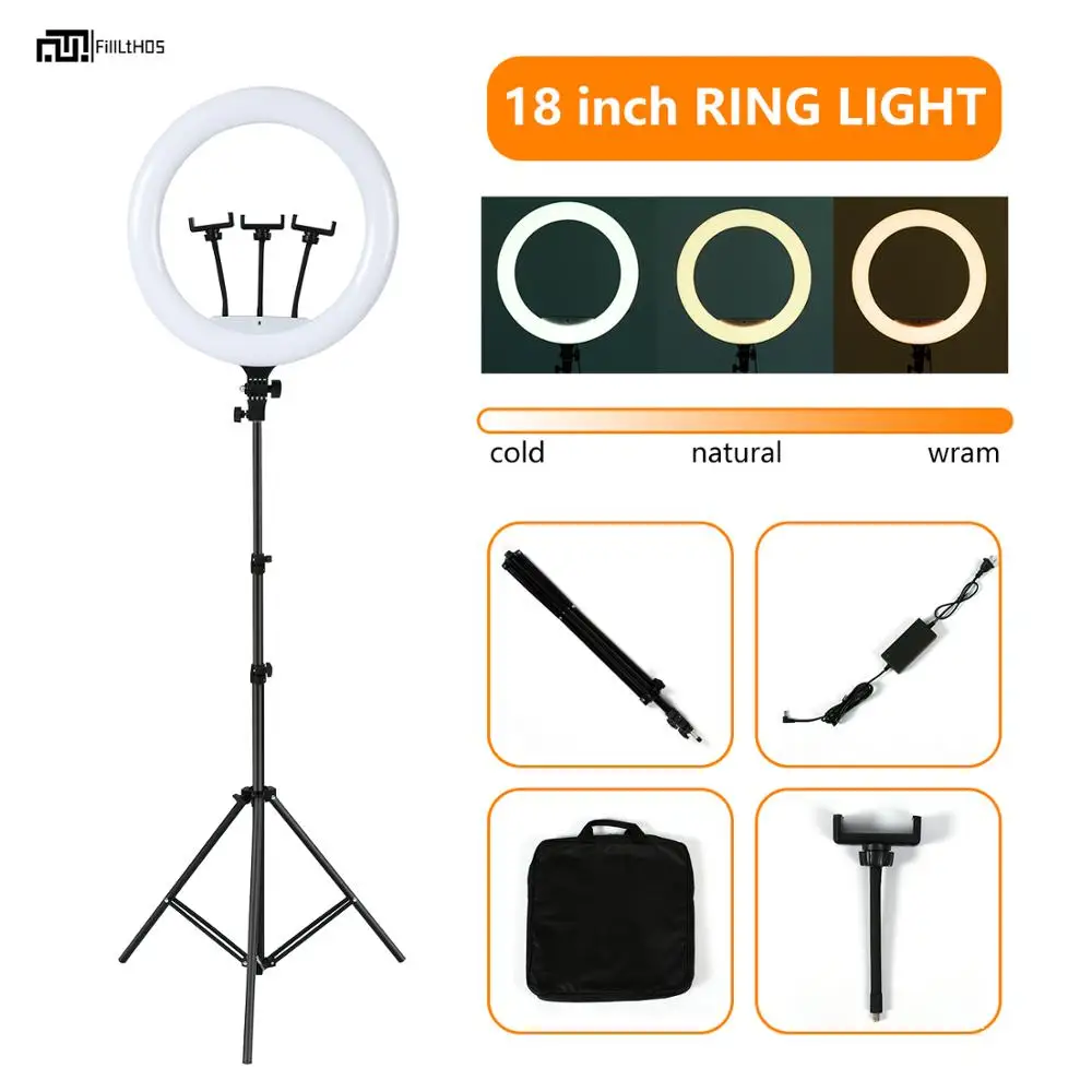 

18 inch Ring Light with Wireless Remote and 3 Phone Holders LED Ring Light Kit with Tripod Stand USB Charging for YouTube Live