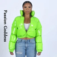 100 bright pu leather puffer jackets women winter warm cute bubble coat bright parkas down zipper stand collar cropped jackets