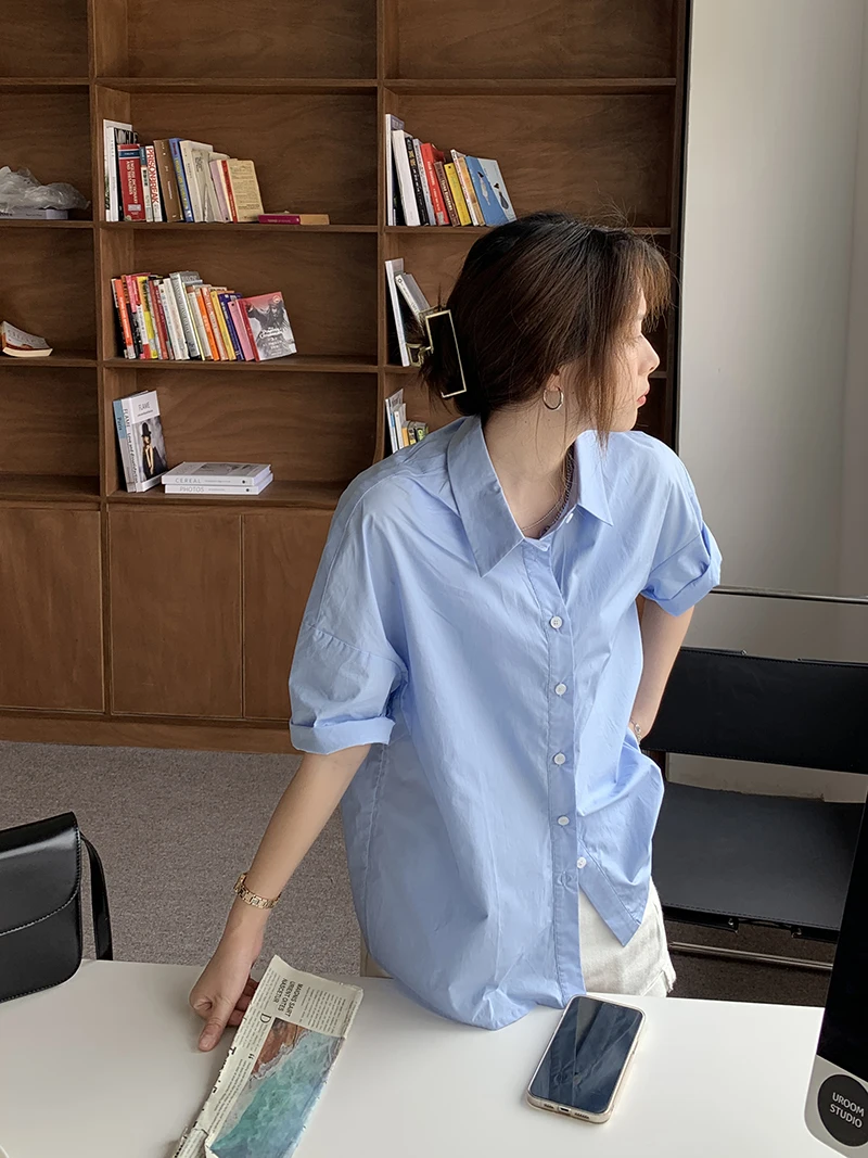 

Houthion Chiffon Loose Women's Blouses New Casual Blouse Fashion Short Sleeve Top Buttons Solid Polo Shirt Summer