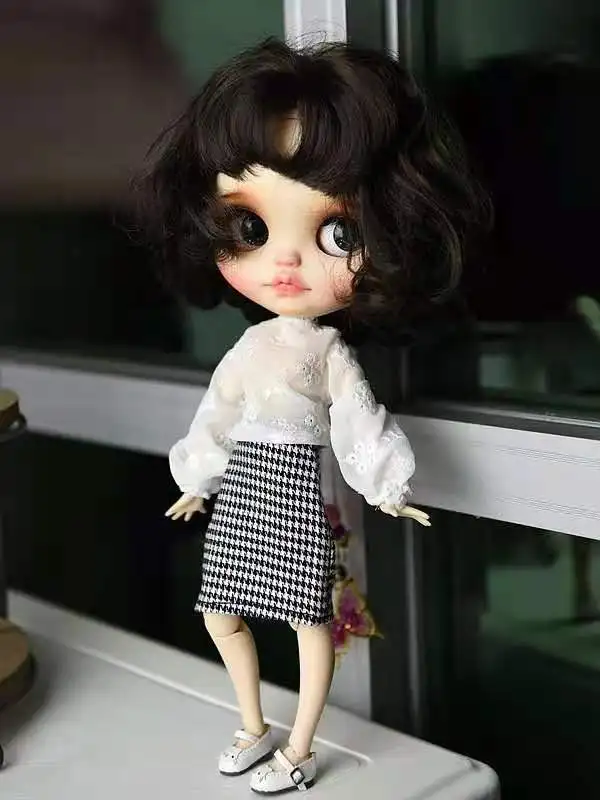 

Fashion Doll Clothes Set Long Puff Sleeve Shirt Houndstooth Plaid Tops Skirt for Blythe Doll Outfits Blyth 1/6 BJD Accessories