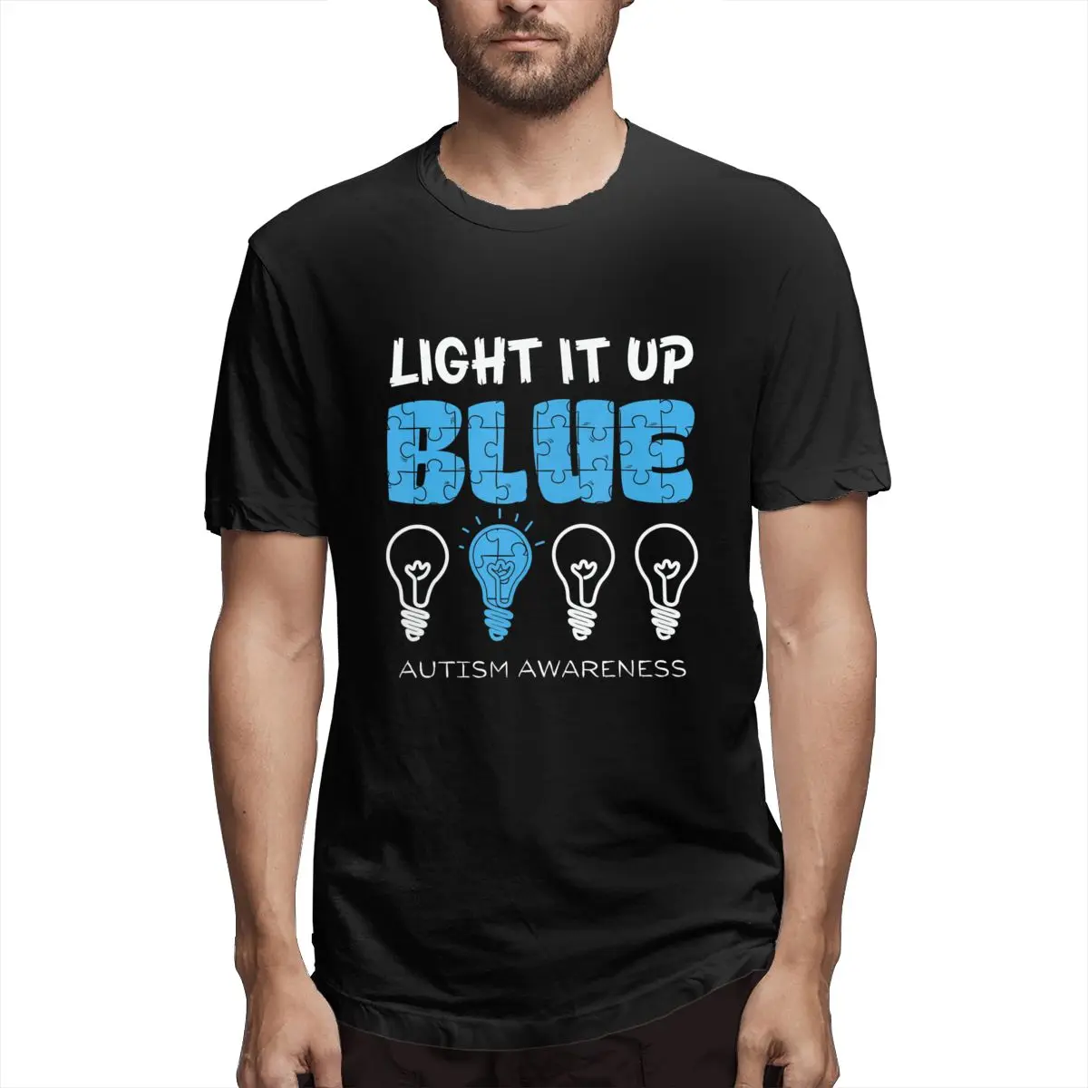 

Light It Up Blue Autism Awareness April Mom Dad Ki Graphic Tee Men's Short Sleeve T-shirt Funny Cotton Tops