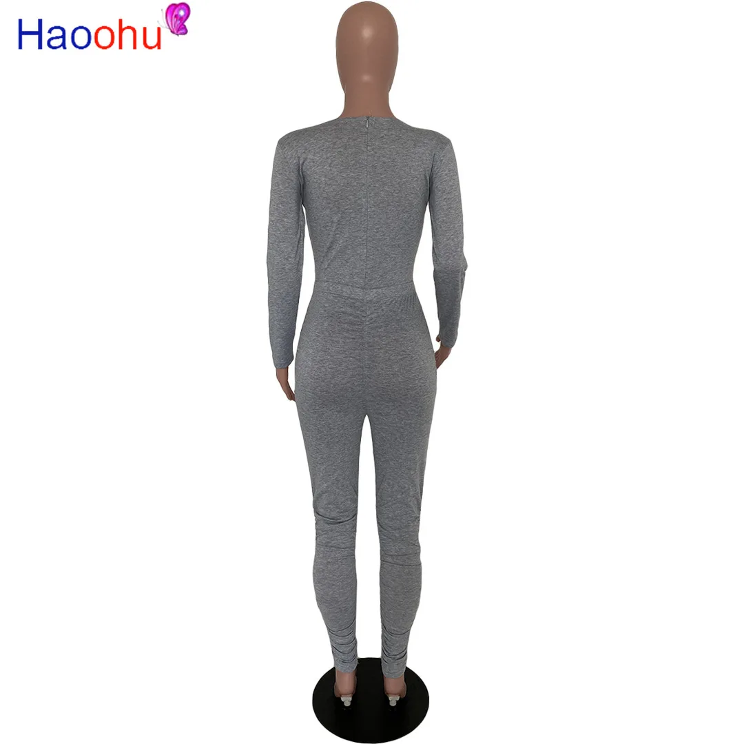 

HAOOHU Women Jumpsuit Long Sleeve solid color Stacked Ruched Rompers Sexy Club Party Bodycon Overalls