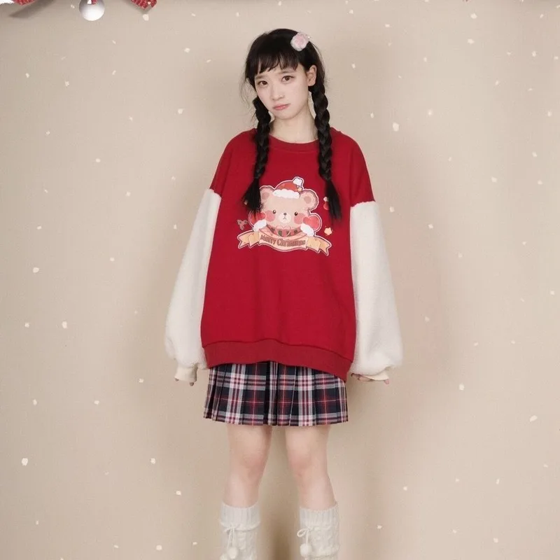 

Deeptown Kawaii Hoodie Women 2021 Fashion Bear Print Sweatshirt Women Long Sleeve Cute Tops Splice Plus Velvet JK Pullover