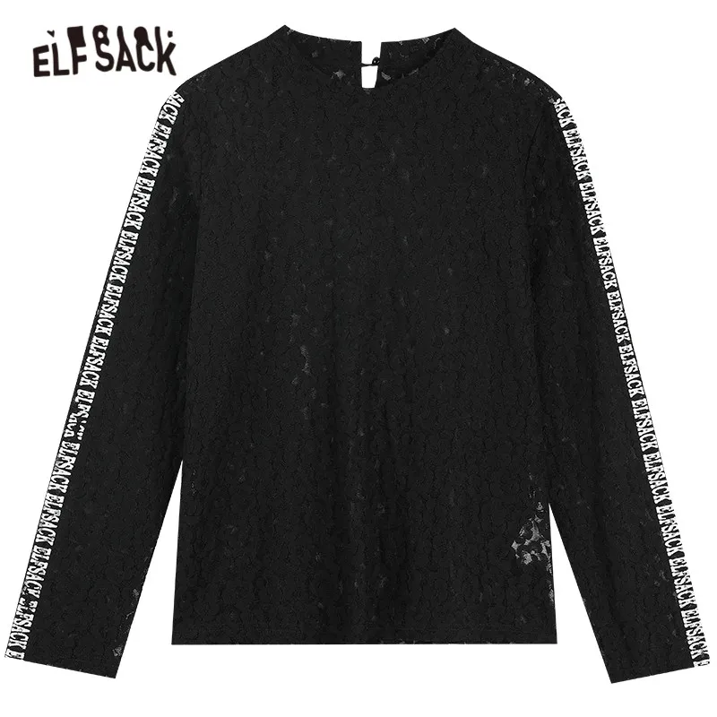 

ELFSACK Solid Pure Contrast Lace Casual Blouse Women,2021 Spring Vintage See-Through Full Sleeve Sexy Ladies,Basic DailyTop