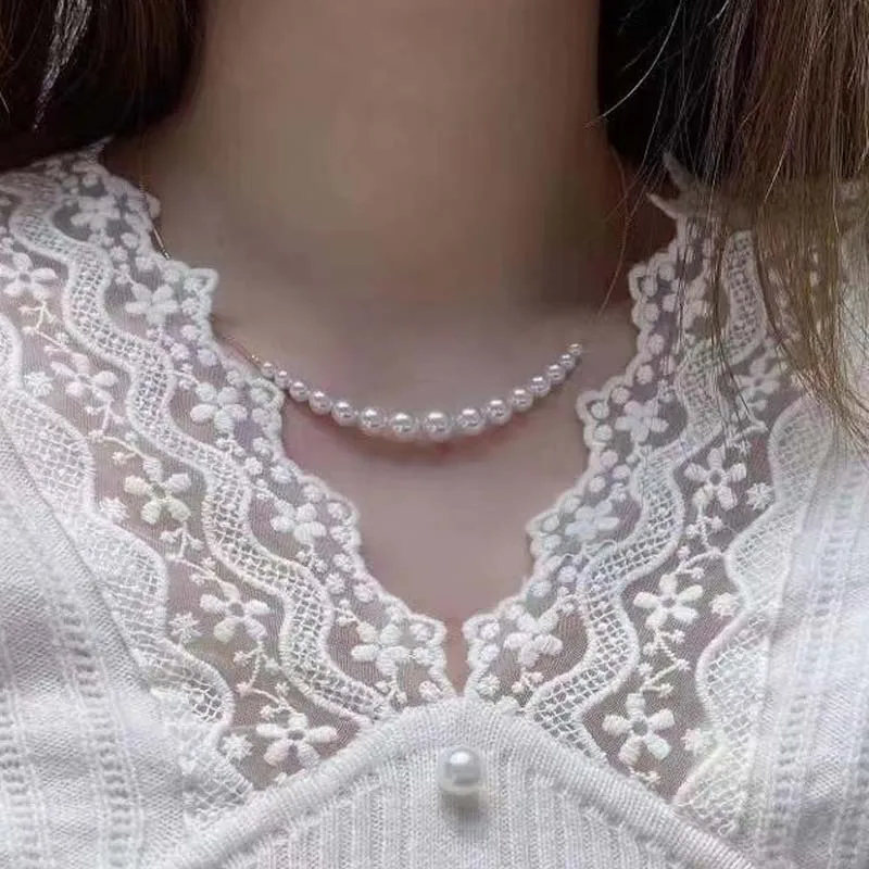 ?? トップラウンド淡水パールチョーカーネックレスG18Kチェーン結婚式の宝石最高級ギフト