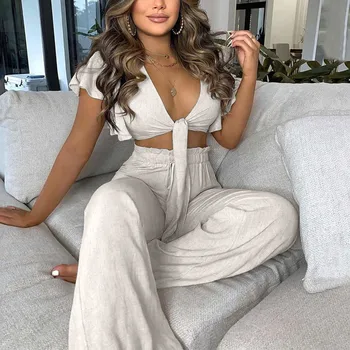 Sexy Deep V Neck Short Sleeve Two Piece Set Womens Solid Elegant Bow Tie Crop Top Wide Leg Pants Beach Boho Set Outfits Female 1