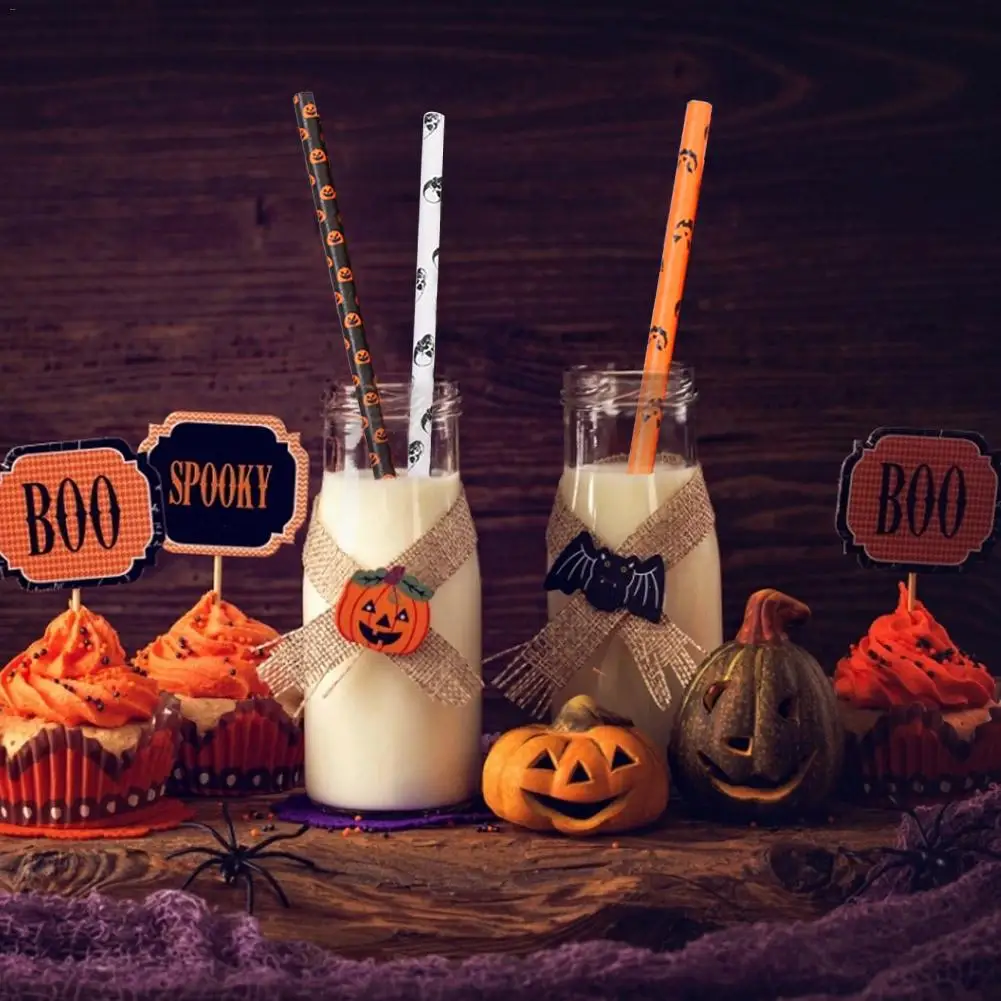 25 шт. на Хэллоуин с питьевые соломки тыквы летучей мыши изображением черепа