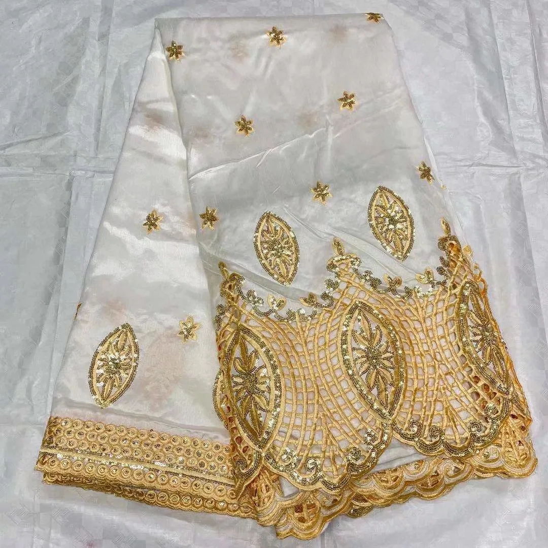 

(5yards/pc) High quality white gold African lace fantastic embroidered George lace fabric with sequins for party dress GLX001