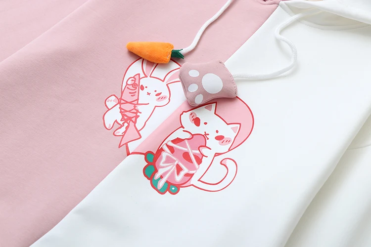 Женская толстовка Kawaii с заячьими ушками и милым кроликом котом, милая Толстовка Harajuku, мягкий розовый пуловер с аниме для девочек, спортивная одежда