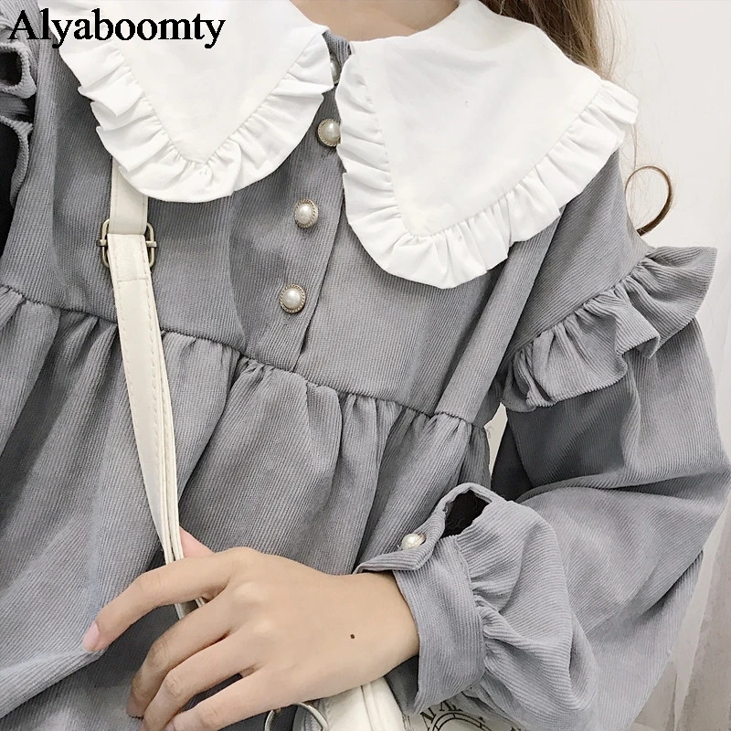 

New Japanese Lolita Style Autumn Spring Women Dress Sailor Collar Gray Corduroy Dress Cute Kawaii Ruffles Puff Sleeve Mini Dress