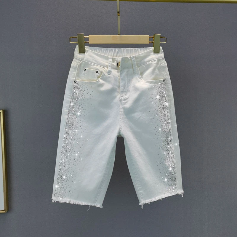 

White Denim Shorts Women's 2021 Summer New Elastic Waist Knee Length Straight Jeans Fashion Hot Drilling Jean Girls Shorts Pants
